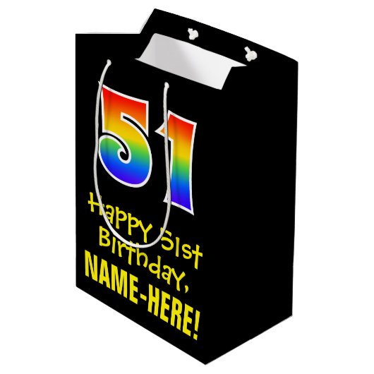 51e verjaardag: Leuk, Vet, Kleurrijk, Regenboog "5 Medium Cadeauzakje (Achterkant Gekanteld)