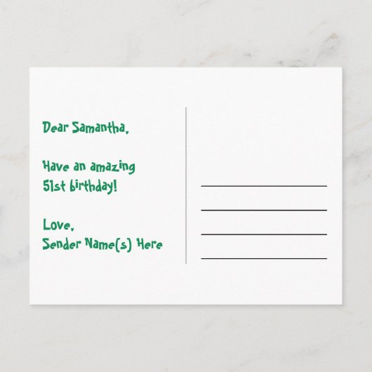 51e verjaardag – Leuk vuurwerkpatroon + Regenboog  Briefkaart (Achterkant)