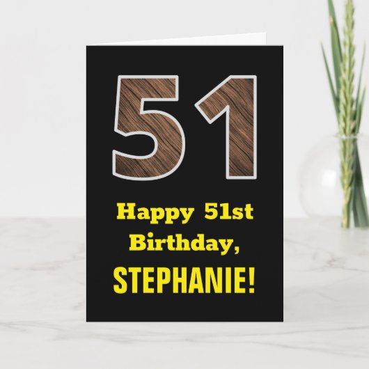 51e verjaardag: naam, Faux Wood Grain Patroon "51" Kaart (Voorkant)