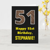 51e verjaardag: naam, Faux Wood Grain Patroon "51" Kaart (Gele Bloem)