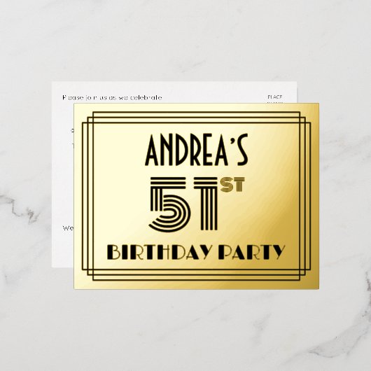 51e verjaardag partij ~ Art Deco Style "51" + naam Folie Uitnodiging Briefkaart (Voorkant / Achterkant)