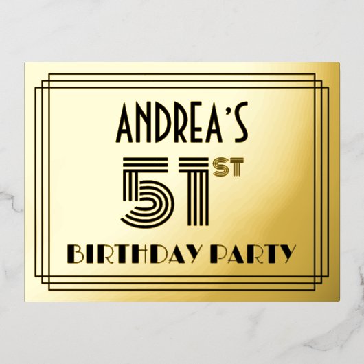 51e verjaardag partij ~ Art Deco Style "51" + naam Folie Uitnodiging Briefkaart (Voorkant)