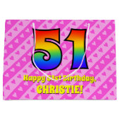 51e verjaardag: roze strepen & harten, regenboog # groot cadeauzakje (Voorkant)