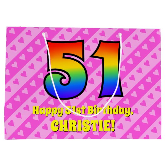 51e verjaardag: roze strepen & harten, regenboog # groot cadeauzakje (Achterkant)