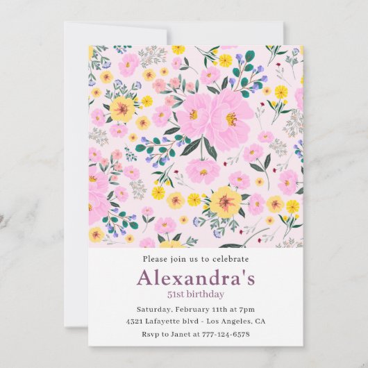 51e verjaardag uitnodigingen Boho Floral Pink (Voorkant)