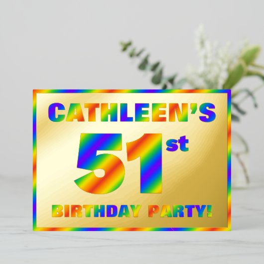 51e verjaardag van de Fun, regenboogspectrum "51" Folie Uitnodiging (Staand Voorkant)