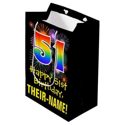 51e verjaardag: Vuurwerk Fun Pattern + Regenboog 5 Medium Cadeauzakje (Voorkant Gekanteld)