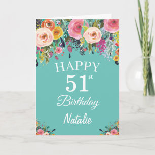 51e verjaardag waterverf bloem bloemen turquoise kaart