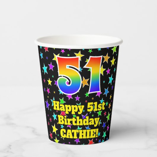 51st Birthday: Fun Stars Pattern and Rainbow 51 Papieren Bekers (Achterkant)