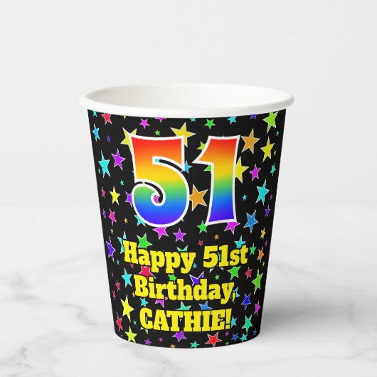 51st Birthday: Fun Stars Pattern and Rainbow 51 Papieren Bekers (Voorkant)