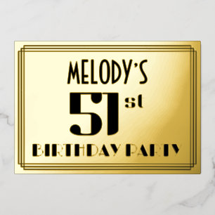 51ste verjaardag: Art Deco Kijk "51" en naam Folie Uitnodiging