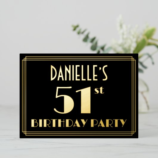 51ste verjaardag: Art Deco Kijk "51", met naam Folie Uitnodiging (Staand Voorkant)
