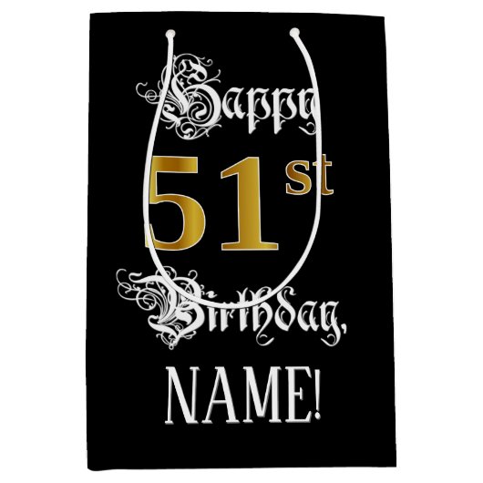 51ste verjaardag ~ Fancy script; Faux Gold look; n Medium Cadeauzakje (Voorkant)