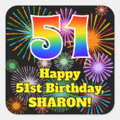 51ste verjaardag: Fun Fireworks Kijk, regenboog #  Vierkante Sticker (Voorkant)