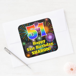 51ste verjaardag: Fun Fireworks Kijk, regenboog #  Vierkante Sticker