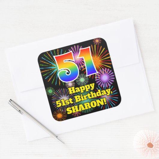 51ste verjaardag: Fun Fireworks Kijk, regenboog #  Vierkante Sticker (Envelop)