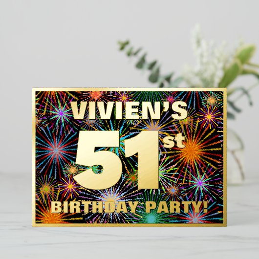 51ste verjaardag: Fun, kleurrijke Fireworks look Folie Uitnodiging (Staand Voorkant)