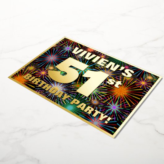 51ste verjaardag: Fun, kleurrijke Fireworks look Folie Uitnodiging (Gedraaid)