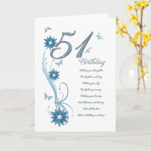 51ste verjaardag in wintertaling met bloemen en kaart (Gele Bloem)