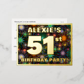 51ste verjaardag: Vette, kleurrijke Fireworks-look Folie Uitnodiging Briefkaart (Voorkant / Achterkant)
