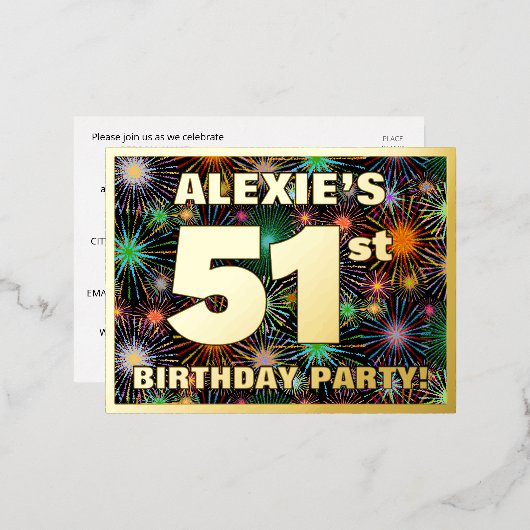 51ste verjaardag: Vette, kleurrijke Fireworks-look Folie Uitnodiging Briefkaart (Voorkant / Achterkant)