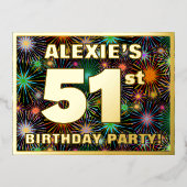 51ste verjaardag: Vette, kleurrijke Fireworks-look Folie Uitnodiging Briefkaart (Voorkant)