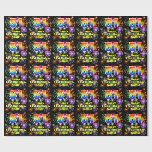 51ste verjaardag: vuurwerk, regenboogblik # "51" cadeaupapier (Vlak)