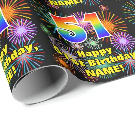 51ste verjaardag: vuurwerk, regenboogblik # "51" cadeaupapier (Rol Hoek)