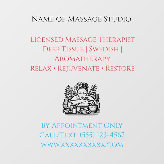 52" x 72" Massage Therapy Window Cling  Raamsticker (Vel)