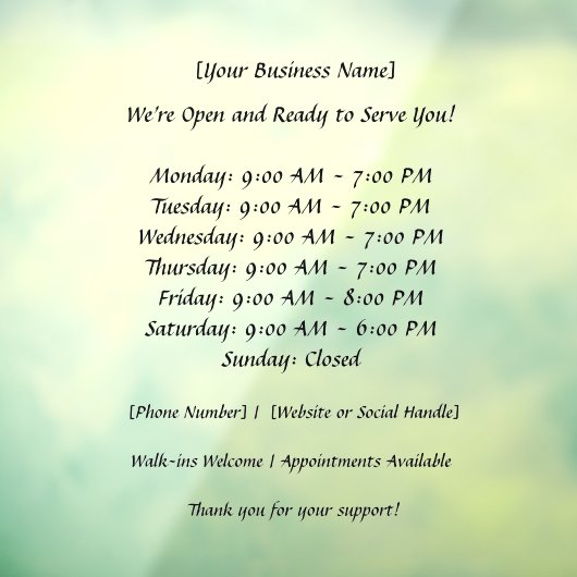 52" x 72" Open Business Hours Raamsticker (Vel 3)