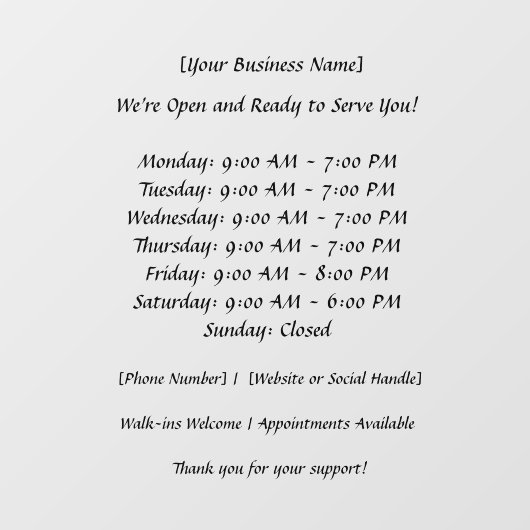 52" x 72" Open Business Hours Raamsticker (Vel)