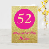 52e Happy Birthday Hot Pink en Gold Glitter Kaart (Gele Bloem)