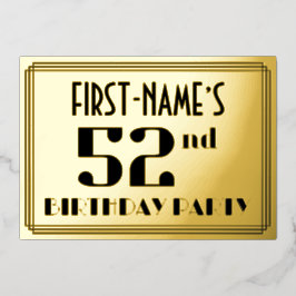 52e verjaardag: Art Deco Kijk "52" en naam Folie Uitnodiging