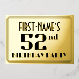 52e verjaardag: Art Deco Kijk "52" en naam Folie Uitnodiging