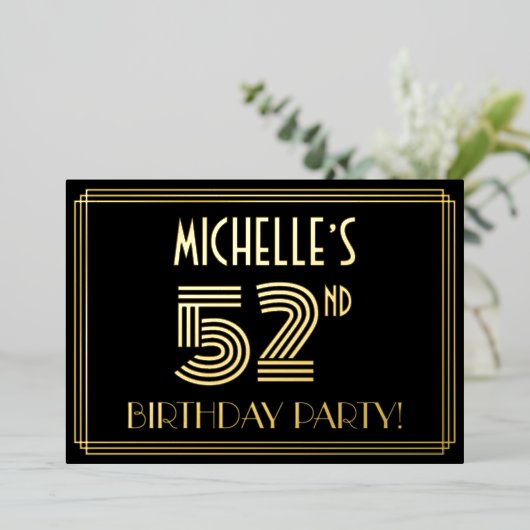 52e verjaardag — Art Deco Style "52" + Naam Folie Uitnodiging (Staand Voorkant)