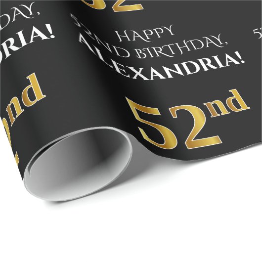 52e verjaardag: Elegant, zwart, Faux Gold look Cadeaupapier (Rol Hoek)