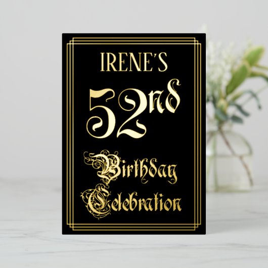 52e verjaardag — Fancy script en aangepaste naam Folie Uitnodiging (Staand Voorkant)