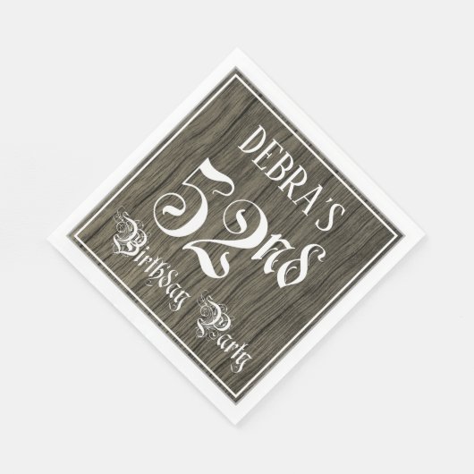 52e verjaardag — Fancy script, Faux Wood Kijk Servet (Hoek)