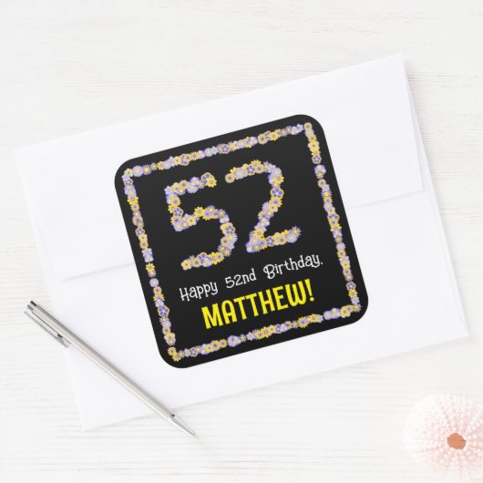 52e verjaardag: Floral Flowers Number, Custom Name Vierkante Sticker (Envelop)