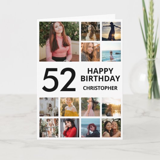 52e verjaardag Foto Collage 13 Foto's Black White Kaart (Voorkant)