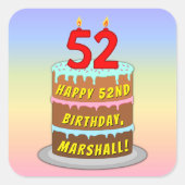 52e verjaardag: Fun Cake and Candles + Custom Name Vierkante Sticker (Voorkant)