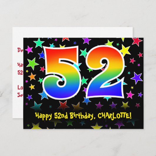 52e verjaardag: Fun sterren patroon, Regenboog 52, Briefkaart (Voorkant / Achterkant)