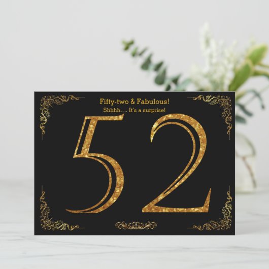 52e verjaardag,Gatsby styl,zwarte gouden glitter Kaart (Staand voorkant)