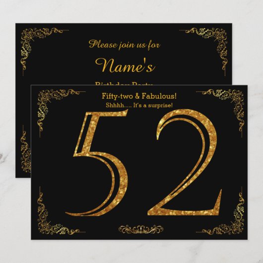 52e verjaardag,Gatsby styl,zwarte gouden glitter Kaart (Voorkant / Achterkant)