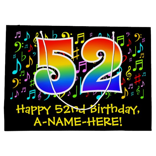 52e verjaardag - Kleurrijke muzieksymbolen, Rainbo Groot Cadeauzakje (Achterkant)
