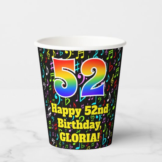 52e Verjaardag: Leuk Muzieknoten Patroon, Regenboo Papieren Bekers (Voorkant)