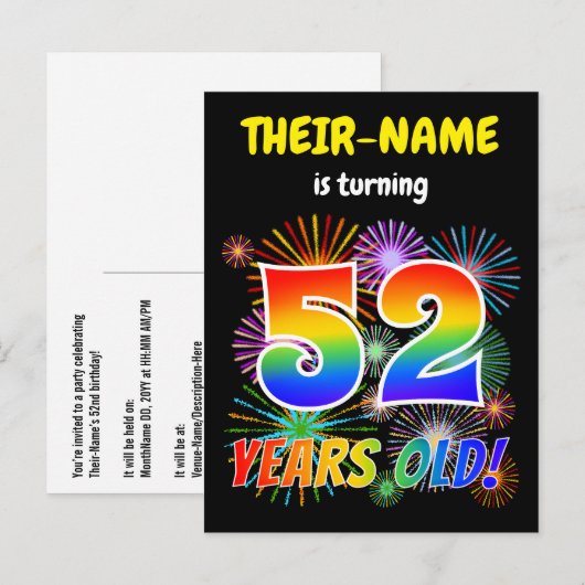 52e verjaardag - Leuk vuurwerk, Rainbow Look "52" Briefkaart (Voorkant / Achterkant)