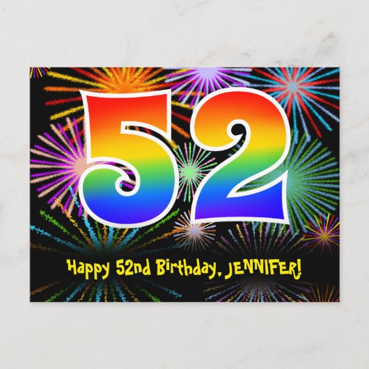52e verjaardag – Leuke vuurwerkpatroon + Regenboog Briefkaart (Voorkant)