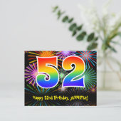 52e verjaardag – Leuke vuurwerkpatroon + Regenboog Briefkaart (Staand voorkant)