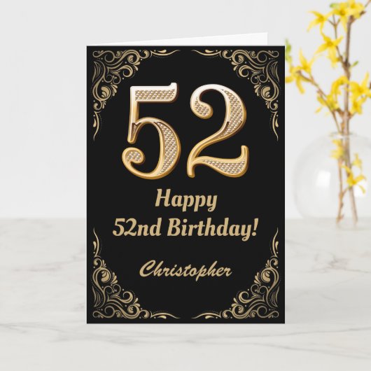 52e verjaardag - Lijst zwart en goudglitter Kaart (Gele Bloem)
